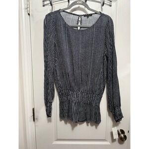 STACCATO Womens Navy White Stripe Smocked Peplum Blouse Long Sleeve Size M